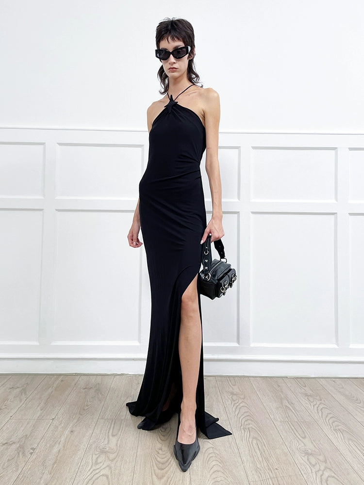 ANNAKIKI suspender fishtail slit dress halterneck dress-REI