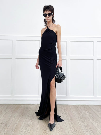 ANNAKIKI suspender fishtail slit dress halterneck dress-REI