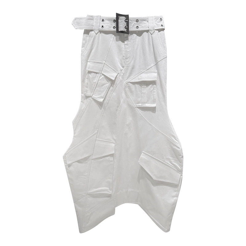 ANNAKIKI white geometric irregular split cargo skirt-MIKASA