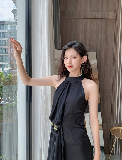 DOLLY Elegant Retro Style Black Sleeveless Halter Neck Long Chiffon Banquet Dress-