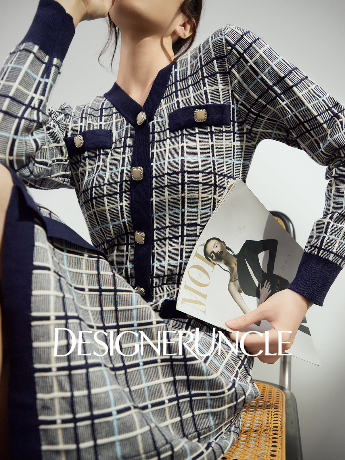 DGU "Lanzhi" royal blue new plaid slimming and versatile long-sleeved skirt - Noah.