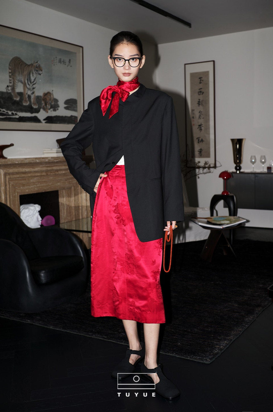 TUYUE Red Silk Satin Woven Midi Skirt- JOBE.