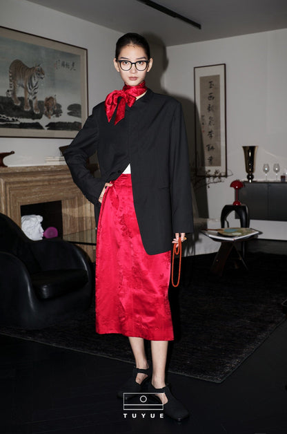 TUYUE Red Silk Satin Woven Midi Skirt- JOBE.