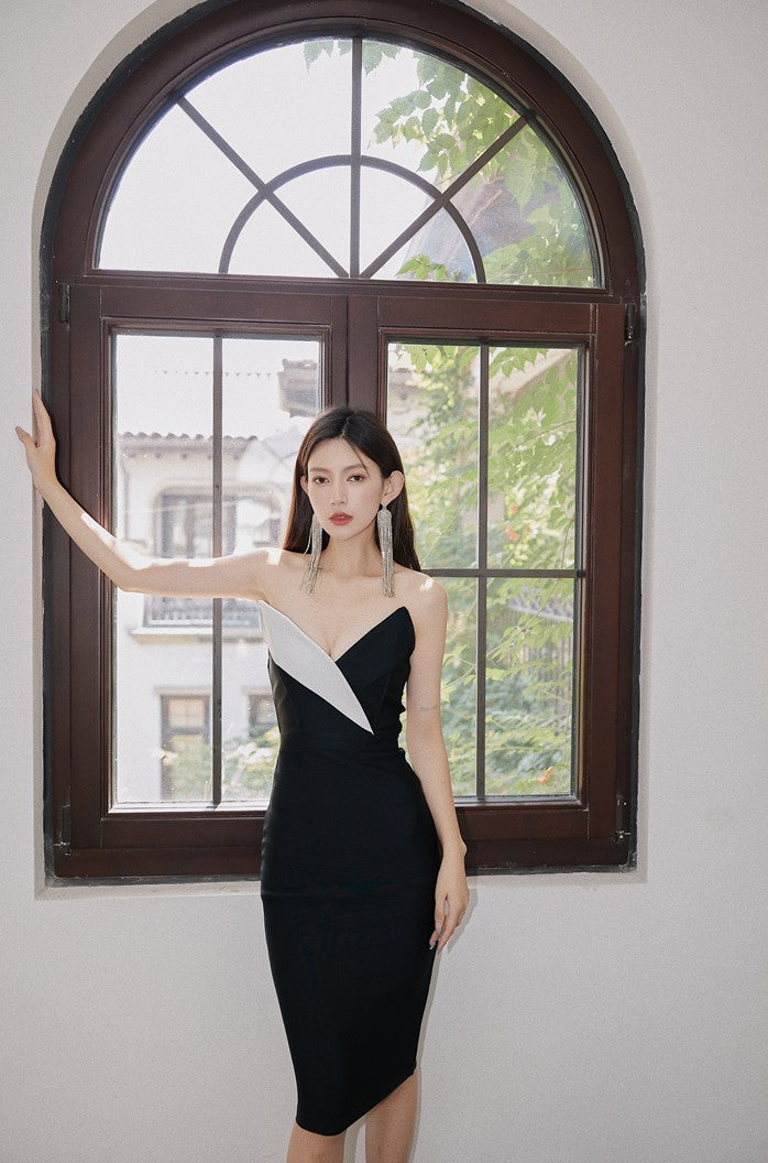 DOLLY Elegant Black and White Sleeveless Bandeau One Shoulder Long Dress-DEVIKA