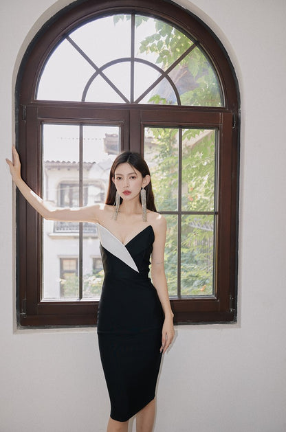 DOLLY Elegant Black and White Sleeveless Bandeau One Shoulder Long Dress-DEVIKA