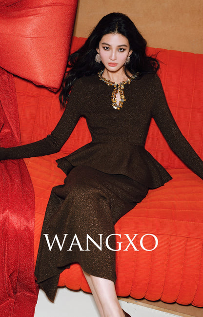 WANGXO | Water Drop Collar with Sequin Inlay Ruffle Hem Top & Skirt Set-VANA.