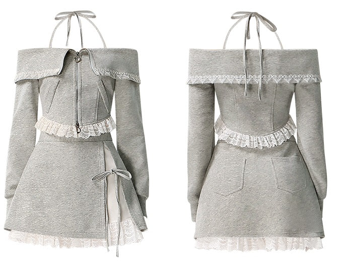 CHECOCRE Stubble Pure Desire Off-Shoulder Sweatshirt Two-Piece mini skirt Set - WENDEL