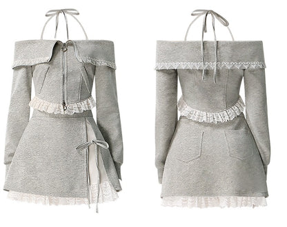 CHECOCRE Stubble Pure Desire Off-Shoulder Sweatshirt Two-Piece mini skirt Set - WENDEL