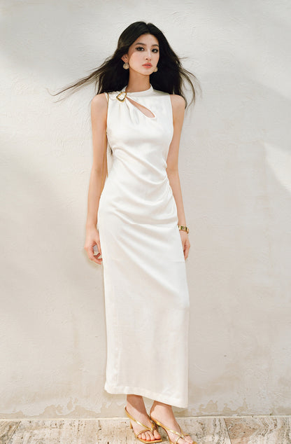 WANGXO |Water Drop Cutout, Custom Pin & Pinch-Pleated Sleeveless Dress- SENA