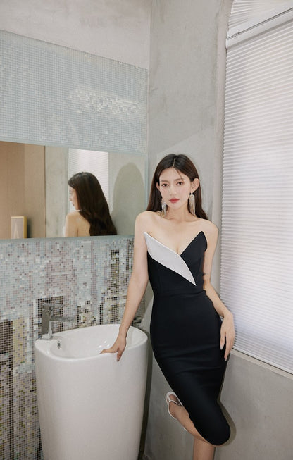 DOLLY Elegant Black and White Sleeveless Bandeau One Shoulder Long Dress-DEVIKA