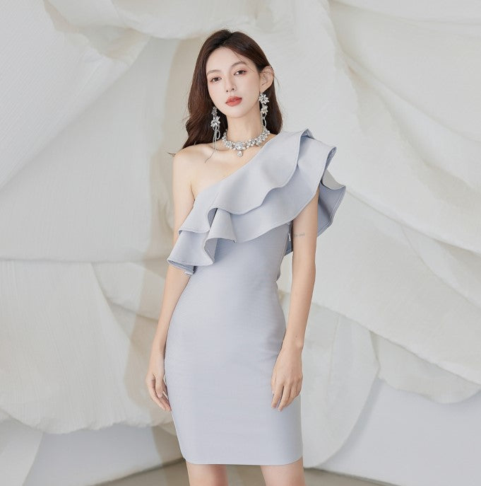 DOLLY High End Slant Collar Ruffled Of Shoulder Body Hug Short Formal Dress-ZENAIDA