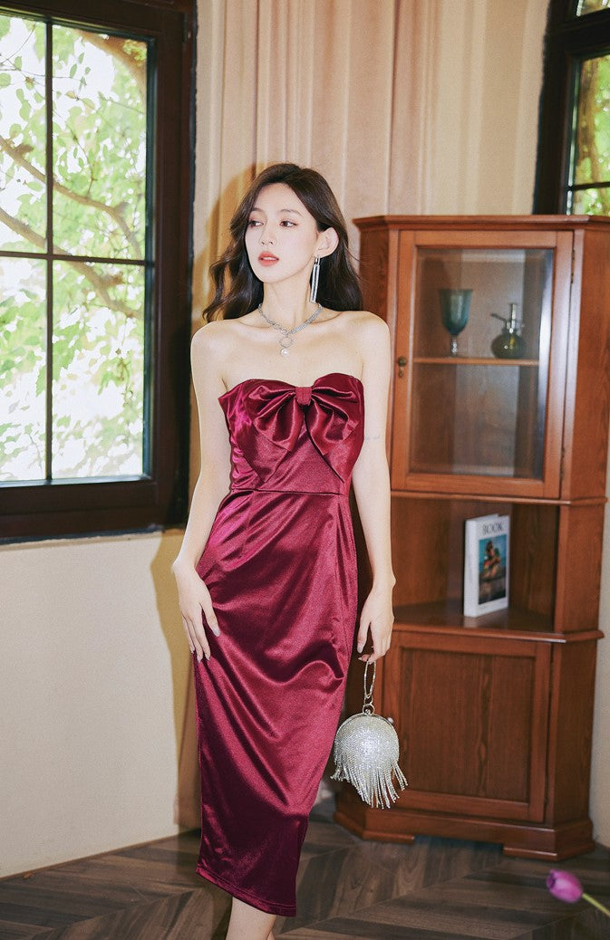 DOLLY Elegant French Style Big Bow Satin Off Shoulder Tube Top Midi Dress-MIA