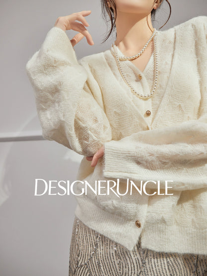 DGU "Mist Fleece" White Cardigan New Hollow Loose Lazy Style Versatile Top - ESTI .