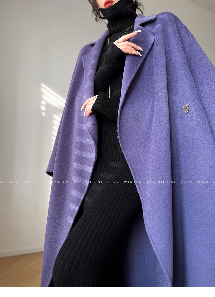 Aconiconi Luxury Purple Lapel Long Sleeve Long Straight Winter Coat- Taro
