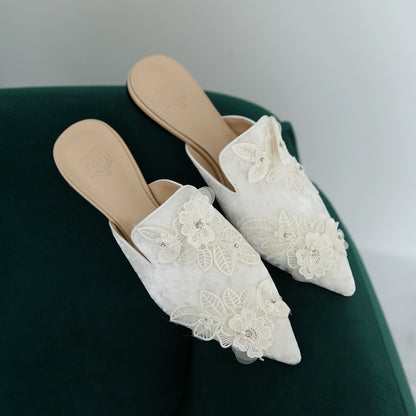 B-FEI pointed toe flower embossed flat mules -OPERT.