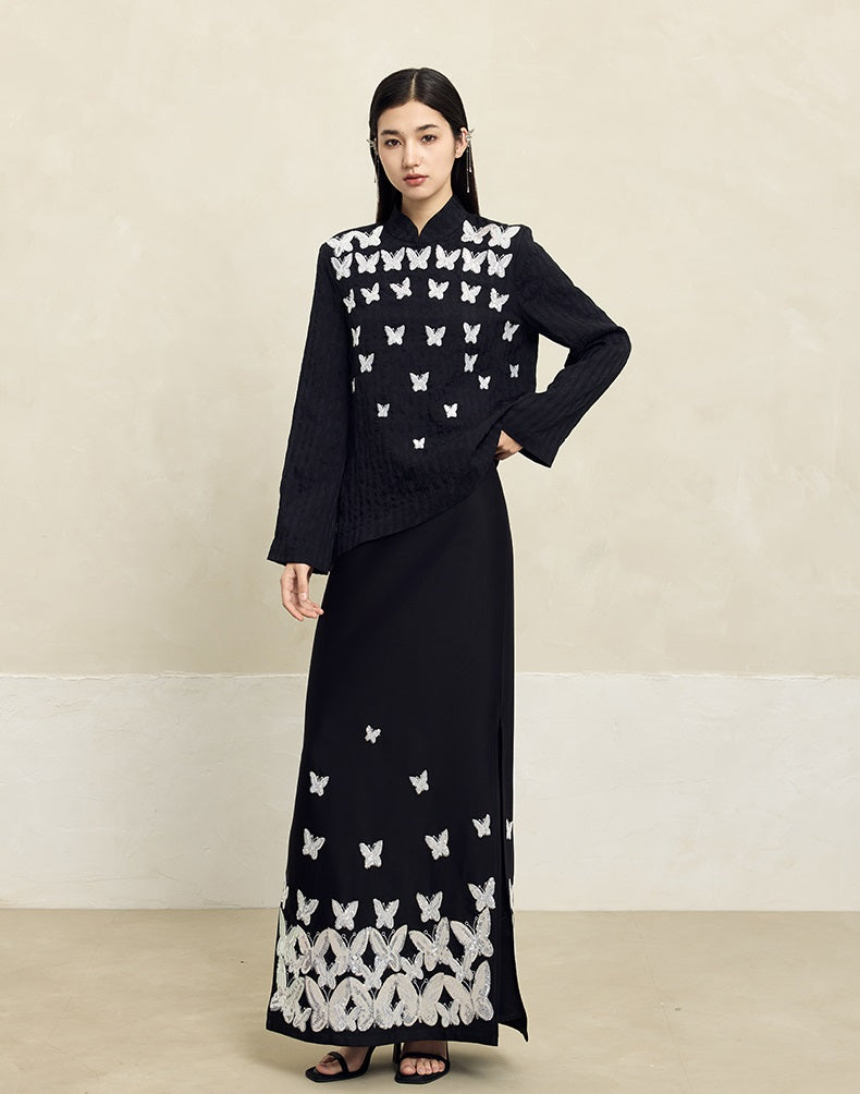 HECO Butterfly Embroidery black white High-waisted Straight Skirt Women - CODE.