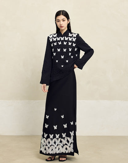 HECO Butterfly Embroidery black white High-waisted Straight Skirt Women - CODE.