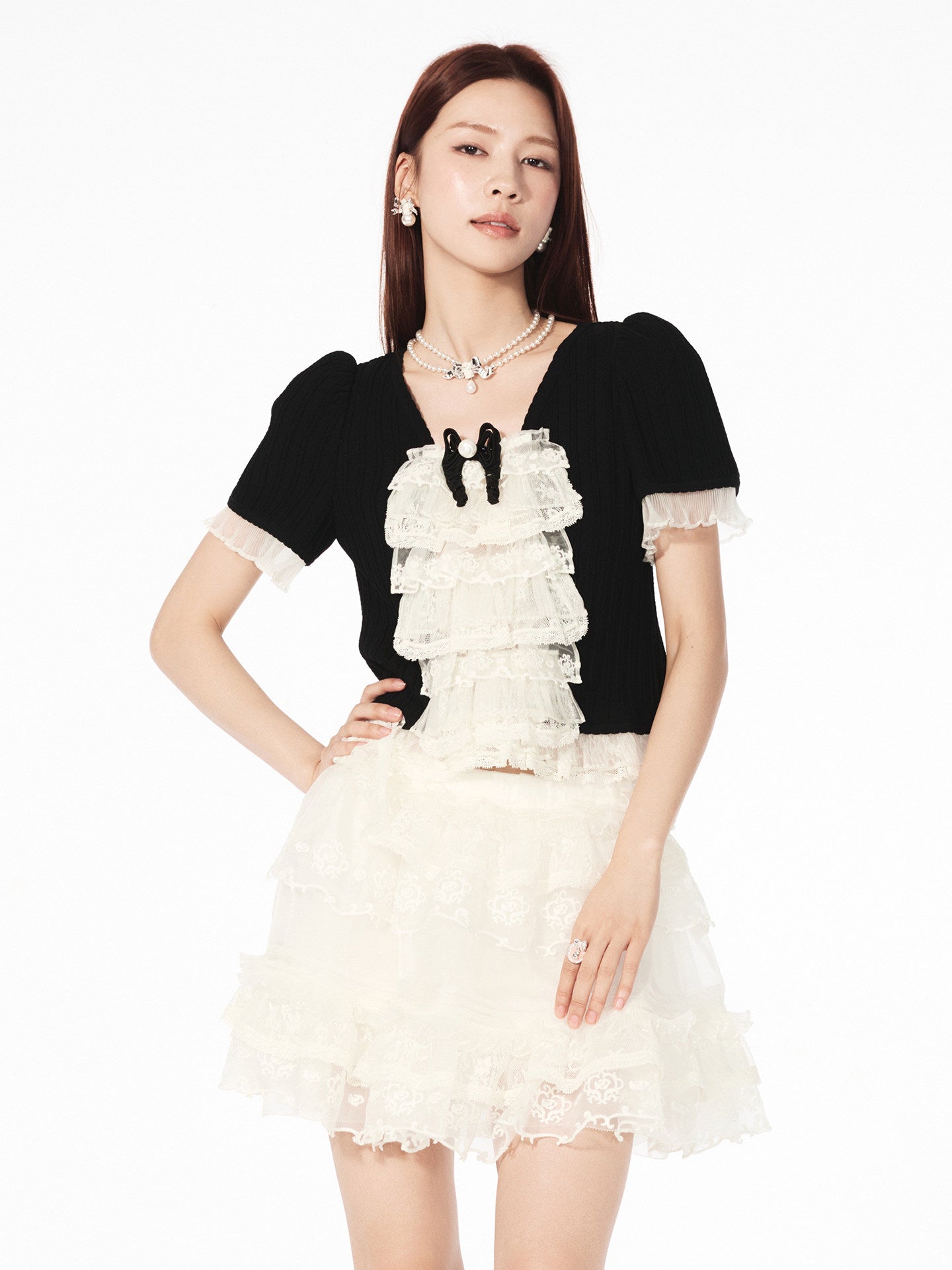 FAME multi-layer ruffled patchwork knitted top contrasting bow - AISHA