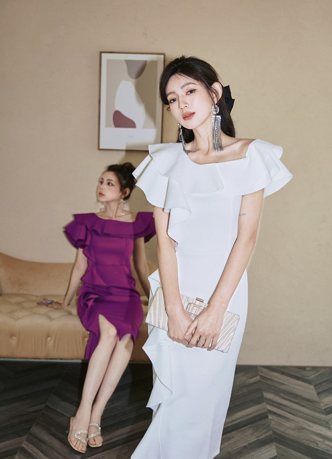 DOLLY High End Purple Ruffled Square Collar Slim Fit Formal Dinner Dress-ANGELIKI