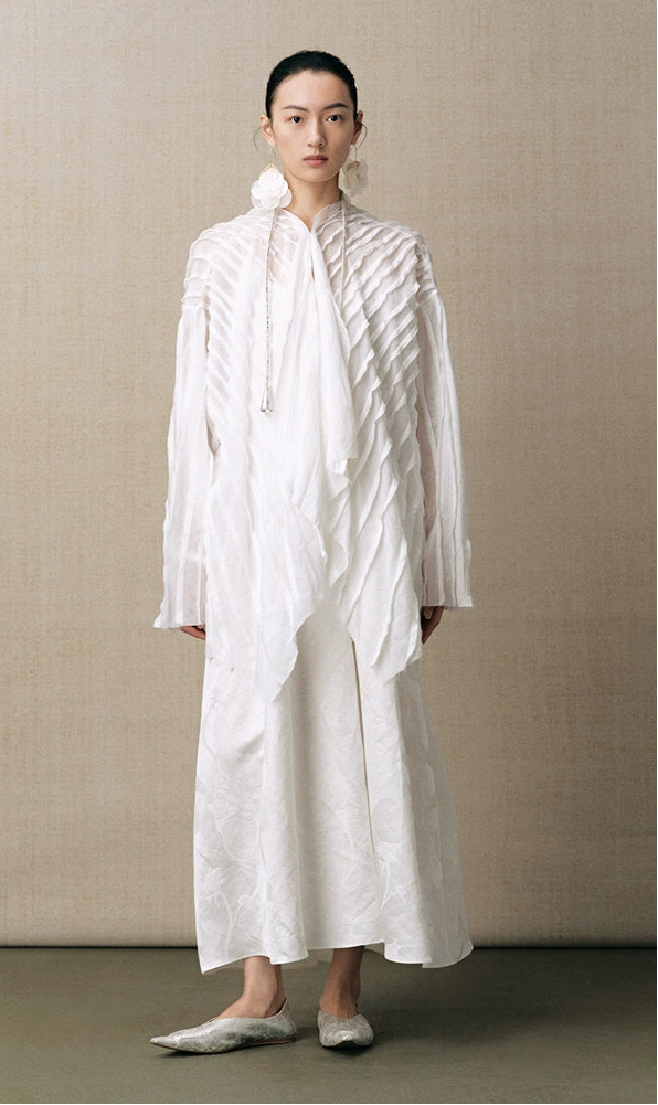 ZHUCHONGYU white loose pleated top and pant outfit set--SOUSOU.