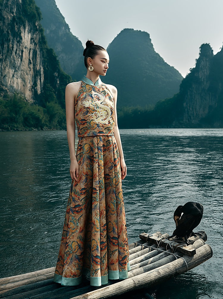 HECO Chinese Contrast Mural Big Swing Fishtail Skirt - MIGRO.