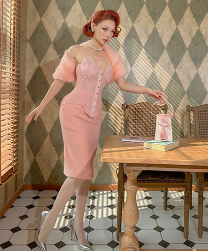 Le Palais  Peach Pie Slim Coat + Skirt Peach Pink Suit-PALM
