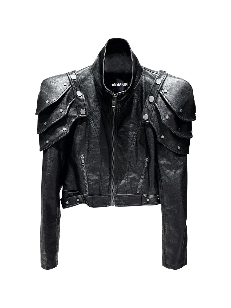 ANNAKIKI black deconstructed three-dimensional short leather jacket-AZUSA