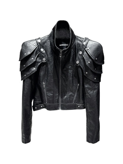 ANNAKIKI black deconstructed three-dimensional short leather jacket-AZUSA