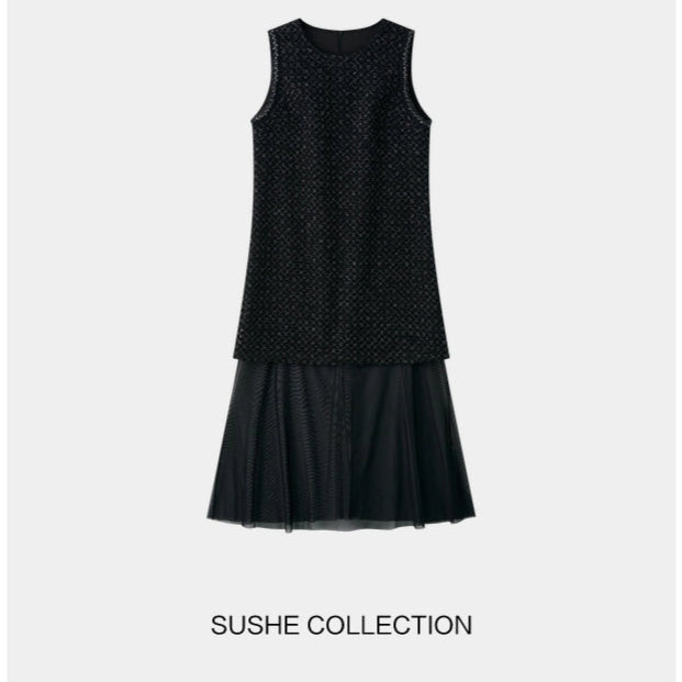 Sushe Dark Urban Party silver tweed mesh sleeveless dress-AVA