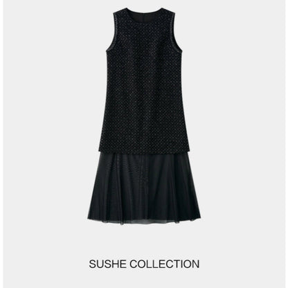 Sushe Dark Urban Party silver tweed mesh sleeveless dress-AVA