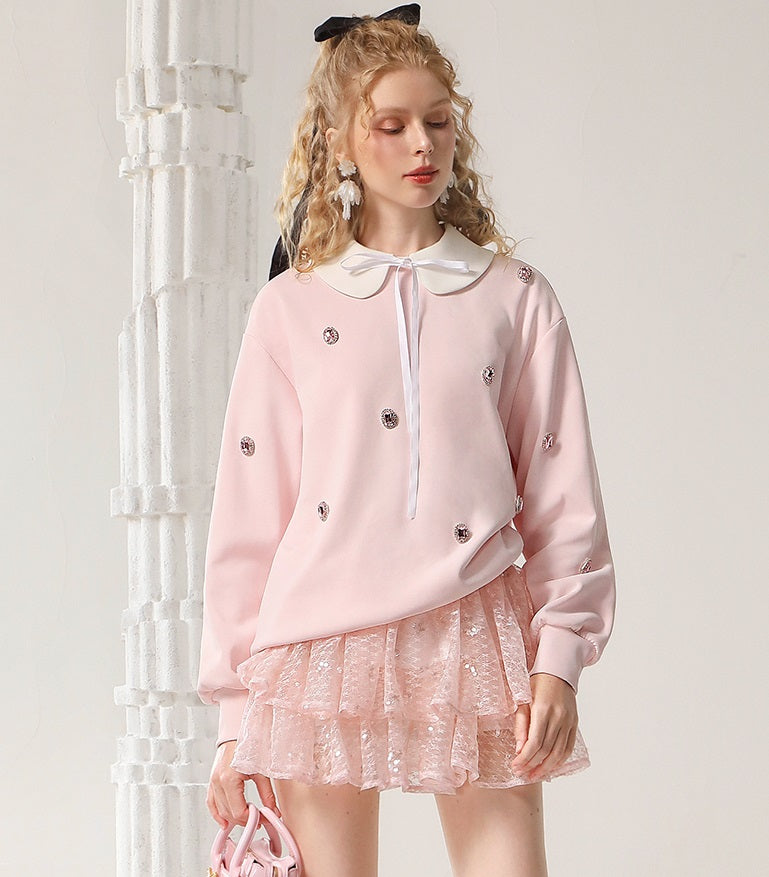 CHECOCRE Classy Sweet Collar Nail Drill Loose Casual Sweat Top - ROMAN