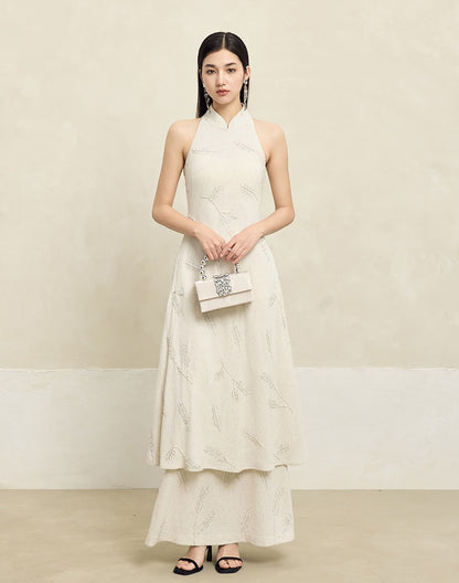 HECO Linen Pearl Leaf Bead Embroidery High Waist Long Skirt Women - JUDAH.