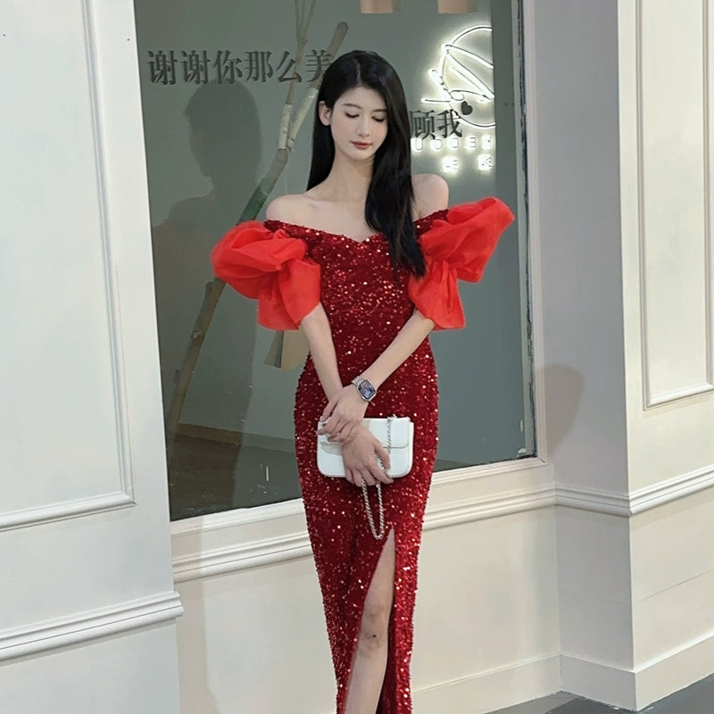 Dolly Elegant Black Sequin V-Neck Short Puff Sleeve Off Shoulder Evening Dress-JUANITA