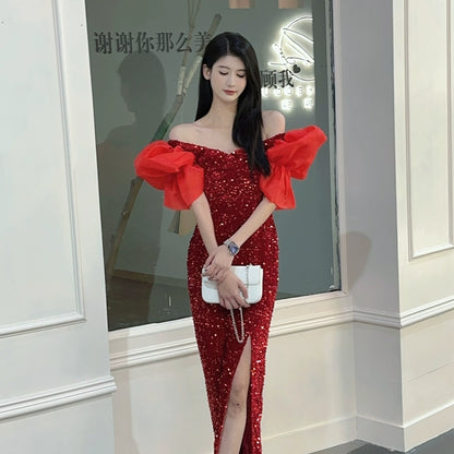 Dolly Elegant Black Sequin V-Neck Short Puff Sleeve Off Shoulder Evening Dress-JUANITA