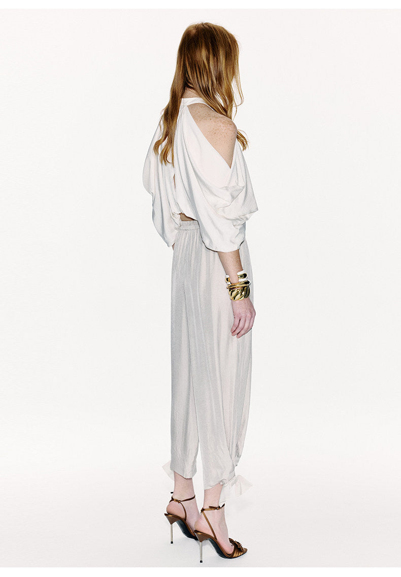 ATELIER MISS LU Bow Embellished Cinched Acetate Tapered Pants - VELVET.