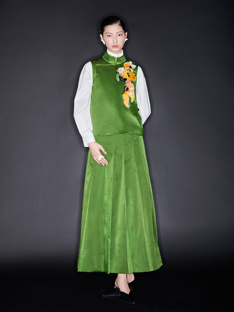 M essential Mackay designer Emerald Green Silk Anemone Raffia Embroidery Vest - jack.