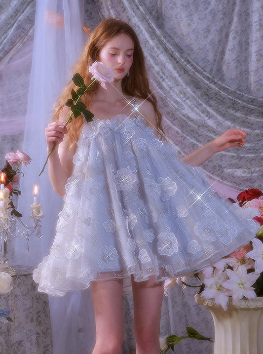 Wardrobes by Chen Luxury Light Blue Sleeveless Flower Diamond Short Doll Dress-Tutu