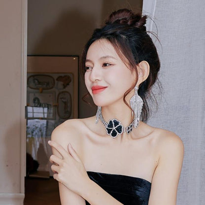 DOLLY Elegant Black Big Flower Diamond Chocker Chic Necklace-AMAL