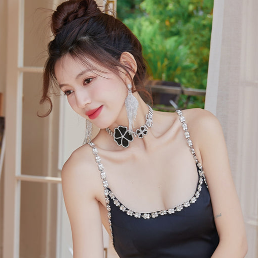 DOLLY Elegant Black Big Flower Diamond Chocker Chic Necklace-AMAL