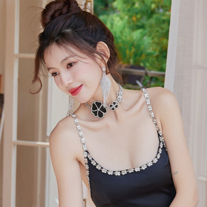 DOLLY Elegant Black Big Flower Diamond Chocker Chic Necklace-AMAL