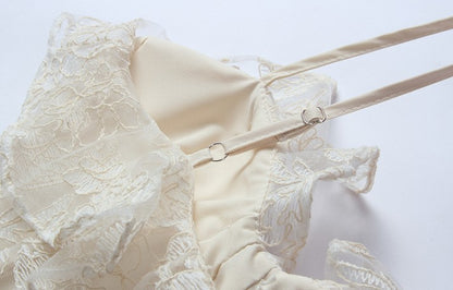 DOLLY Elegant French Style Cream Ruffled Lace Fake Two Piece Midi Dinner Dress-KAKA