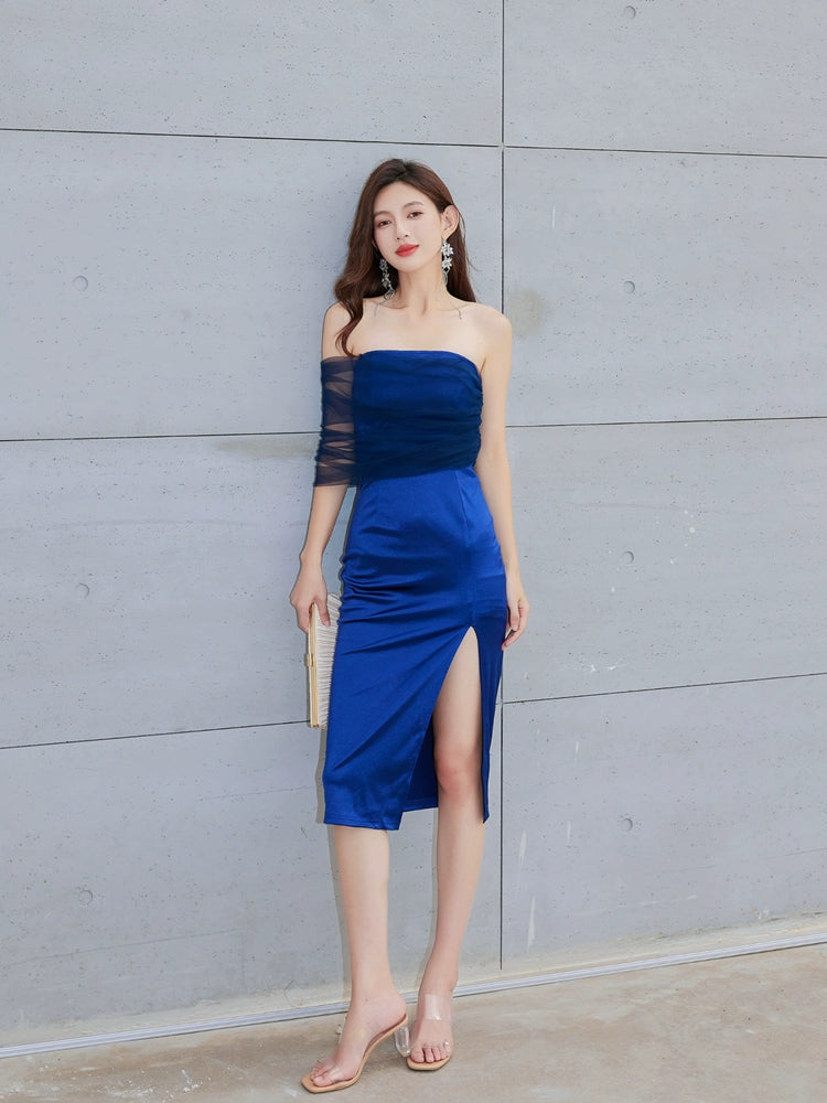 DOLLY Elegant Royal Blue One Shoulder Chest Wrap Slim Fit Slit Dinner Dress-ALLEGRA