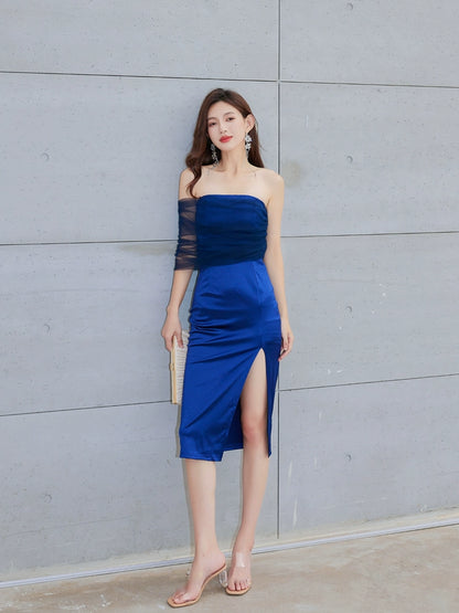 DOLLY Elegant Royal Blue One Shoulder Chest Wrap Slim Fit Slit Dinner Dress-ALLEGRA