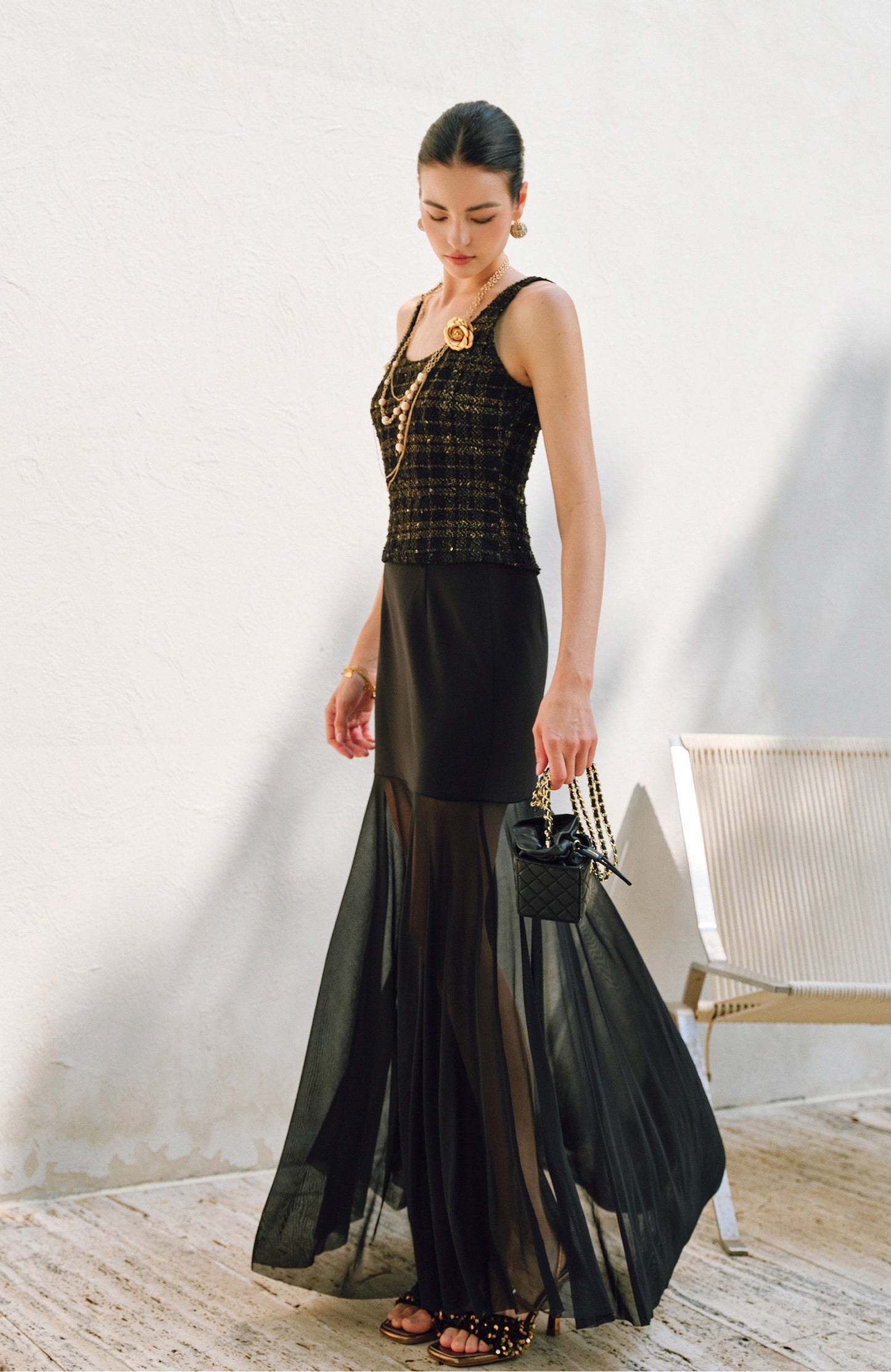 WANGXO | Twill Roman Knit with Lightweight Sheer Paneling  A-Line Hem Flowing Skirt  -RAYA