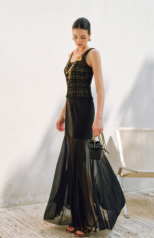 WANGXO | Twill Roman Knit with Lightweight Sheer Paneling  A-Line Hem Flowing Skirt  -RAYA