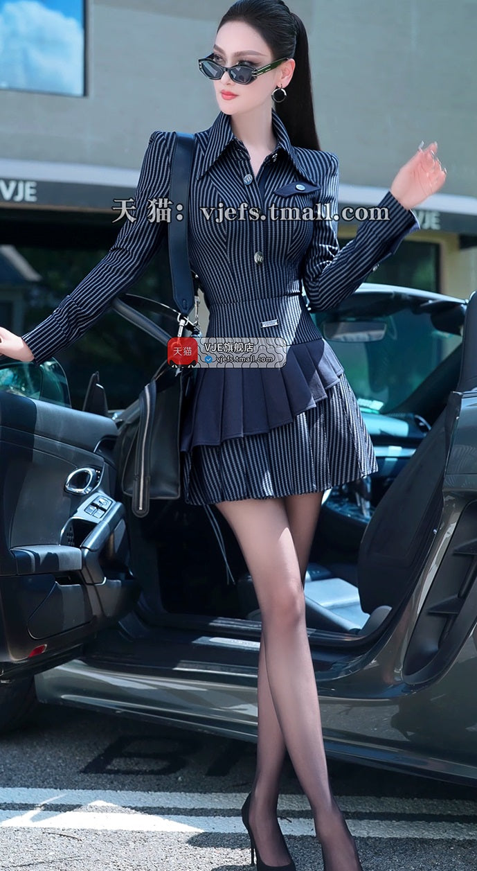 VJE Striped Shirt Pleated Short Skirt Two-Piece Suit Set - PAPA.