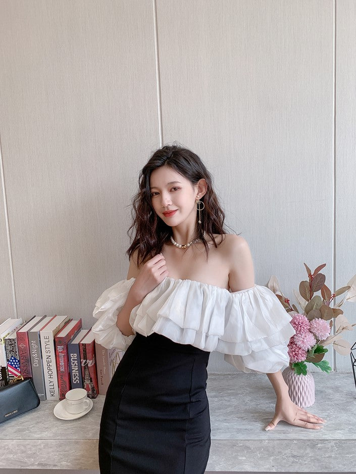 DOLLY Elegant Black and White Satin Off Shoulder Ruffled Tube Top Slim Fit Dress-MAG