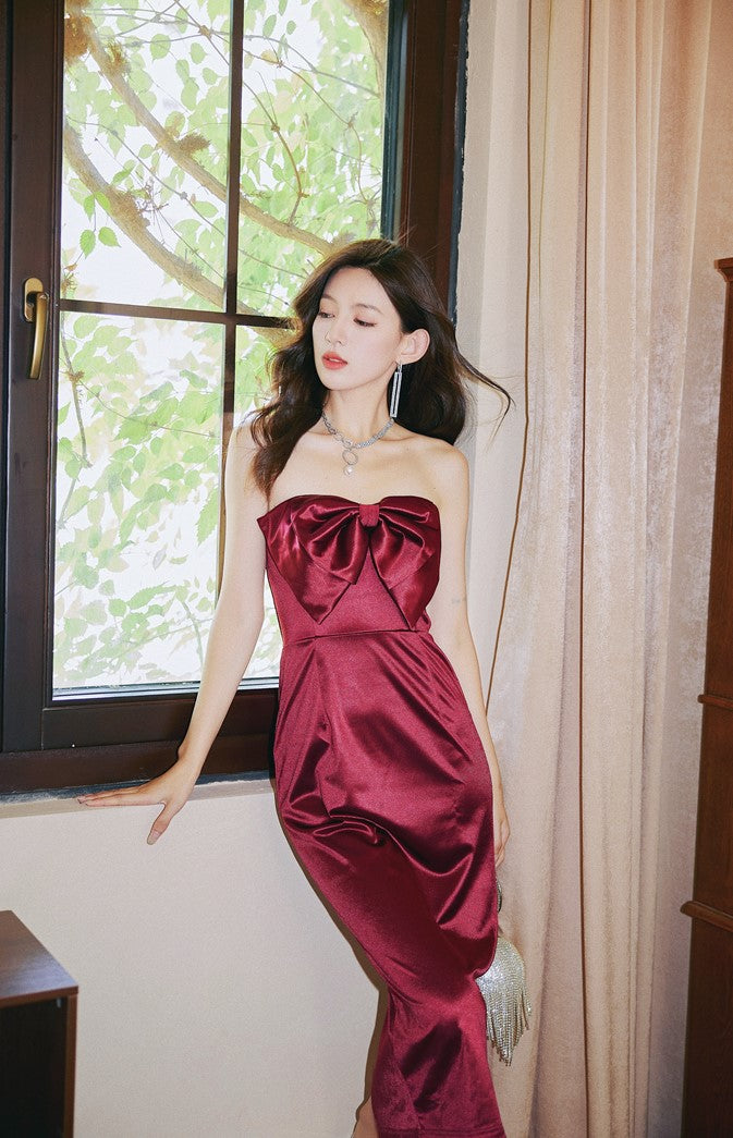 DOLLY Elegant French Style Big Bow Satin Off Shoulder Tube Top Midi Dress-MIA