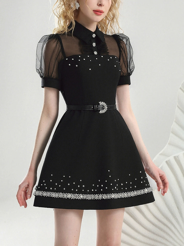 CHECOCRE summer new nail diamond mesh puff sleeves cinched waist thin little black dress - SCRUB .