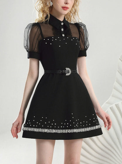 CHECOCRE summer new nail diamond mesh puff sleeves cinched waist thin little black dress - SCRUB .